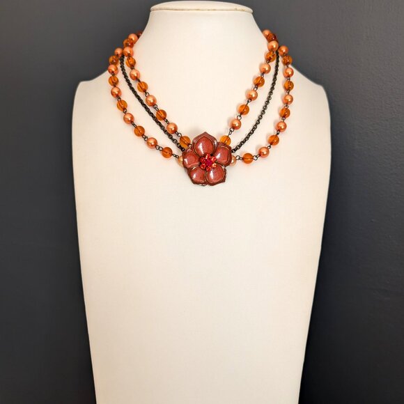 3 strand vintage orange enamel flower necklace with orange and peach beads - Picture 2 of 12